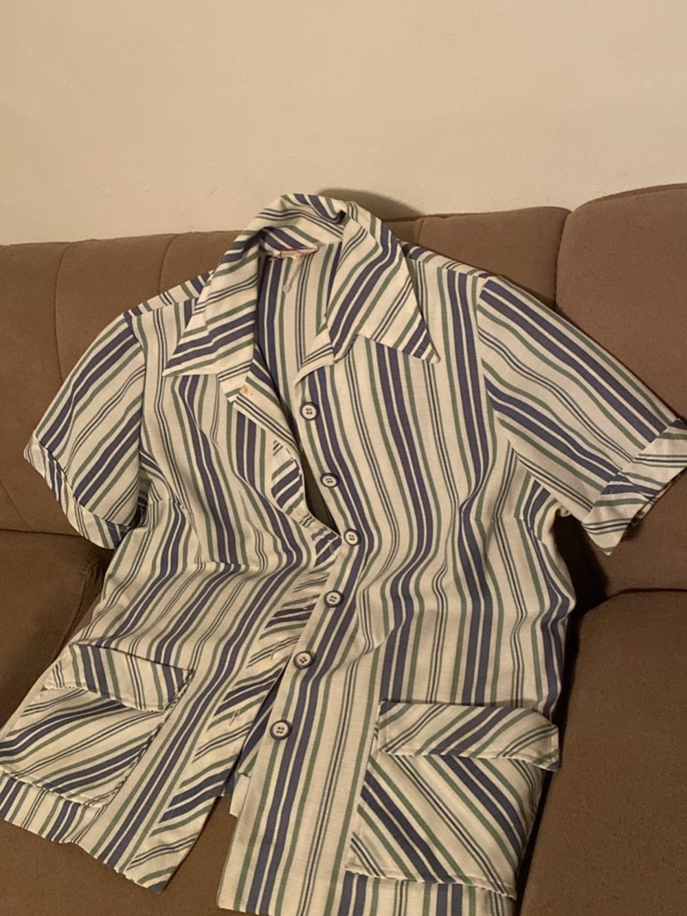 Polyester  Striped Short Sleeve Button-Up Shirt in White and Blue